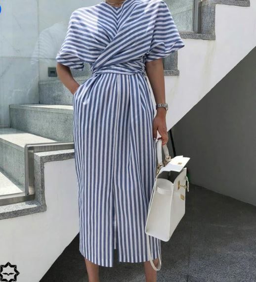 Blue Striped Split Long Dress